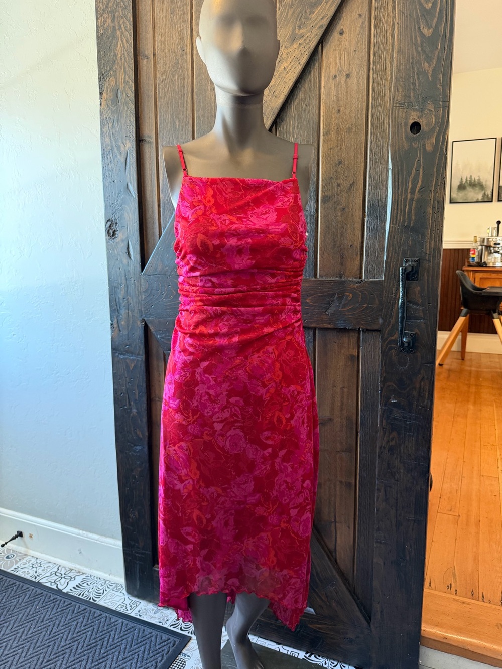 City Triangles Vintage Y2K Pink Floral Slip Dress Ruched Handkerchief Hem Midi